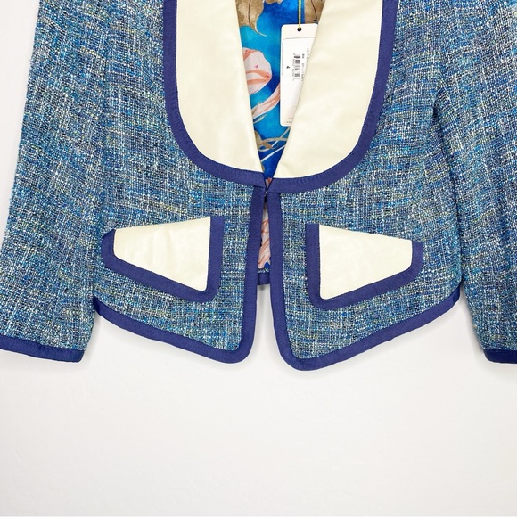 Tracy Reese Leather Trimmed Cropped Tweed Jacket in Bright Navy Size 4 NWT - Picture 3 of 12